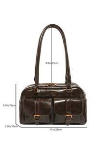 Vintage One Shoulder Bag, Multi-Pocket, Women's Bag, Faux Leather Material, Solid Color Retro, Large Capacity Women's Shoulder Bag, Comes With Pendant (Pendant May Vary Slightly By Batch)
