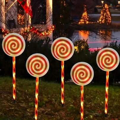 Conjunto de 5 pirulitos de Natal movidos a energia solar com formas brilhantes, um conjunto de 5 peças com luzes montadas no chão, luzes de gramado em formato de doce adequadas para iluminação de pátio, decoração externa de feriados para jardins, calçadas, gramados e decoração sazonal de pátio, decoração de Natal, decoração de Natal, árvore de Natal, decoração de presente, Ação de Graças, casamento, decoração de casa, decoração de outono, decoração de aniversário para presentes, suprimentos para festas, jardim interno e externo, decoração de festival de feriado, decoração de Halloween, decoração de parede, enfeites de Halloween