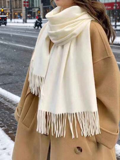 Women's Tassel Cashmere Scarf, Thick Warm Shawl, Solid Color, Multifunctional Neck Warmer, Autumn/Winter