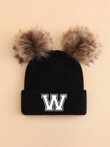 1 pieza Gorro de punto personalizado con letra A-Z para niños, gorro de punto suave y cómodo con doble pompón, adecuado para otoño/invierno, vuelta al colegio, cálido y a prueba de viento para niños y niñas