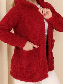 Plush Coat Teddy Blouse With Hood And Pocket - 紅色 - 查看 5