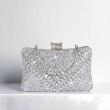 Bolso de mano de noche con decoración de rhinestones brillantes para mujer, combinado con decoración de diamantes en forma de V metálica, bolso con forma de caja brillante, perfecto y encantador, cartera de novia, para boda, fiesta, baile de graduación, discoteca, regalo de cumpleaños, regalo de San Valentín, reunión, bolso cruzado, bolso de mano, bolso de mano, bolsa de cosméticos