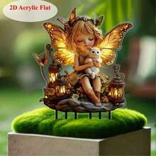 1pc/2pcs Acrylic Fairy & Kitty Garden With Lantern, Butterfly & Lighting Effect, Suitable For Outdoor Art, Yard Garden Display, Fairy Garden Decor, Creating Dreamy Atmosphere, 2D - Multicolor-ground Plug - View 7