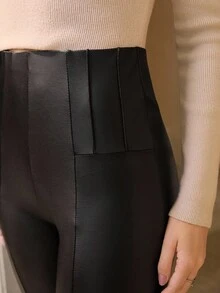 Wildy Solid PU Leather High Waist Casual Leggings - Black - View 4