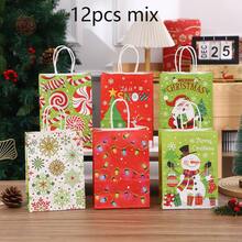 6/12pcs/Set Gingerbread Man, Santa Claus, Christmas Tree, Snowman Printed Kraft Paper Gift Bags, Suitable For Christmas, New Year Gifts Packaging And Decoration