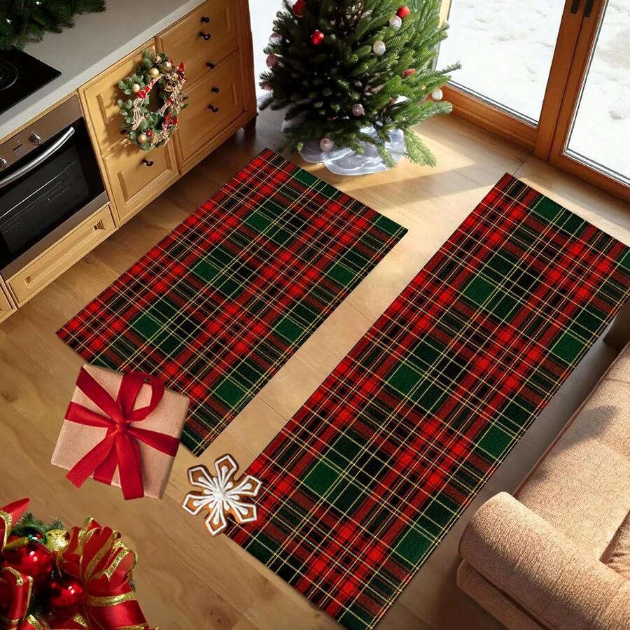 1pc Long/Short Christmas Theme Vintage Red And Green Plaid Pattern Printed Soft Imitation Cashmere Material TPR Backing Kitchen Mat,Door Mat,Bath Mat,Bedroom Mat,Dinging Room Mat,Home Decoration,Holiday Decoration,Christmas Decoration,Kitchen Decoration - Multicolor - View 1