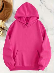 Mujer003-1 Sudadera de mujer  invierno sudadera de manga larga cómoda suave Gorra de capucha de color fucsia con impresión de "GOOD VIBES ON IT" y caras sonrientes que transmiten una buena energía y un estilo contemporáneo - Rosa Fucsia - Ver 2