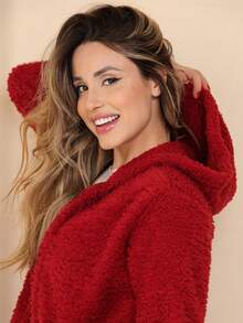 Plush Coat Teddy Blouse With Hood And Pocket - 紅色 - 查看 2