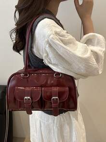 1pc Minimalist Retro Zipper Tote Bag, Decorated With Pockets, Dual Handles, Suitable For Women's Casual Daily Commute - Burgundy - View 3