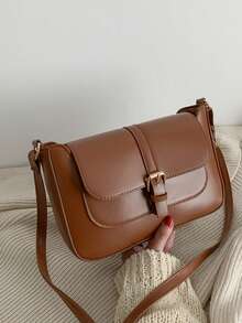 时尚纯色简约腰带装饰单肩斜挎包，适合购物、携带钱包，适合年轻女性、大学生、职场新人、白领人士。也适合办公室、大学、工作、商务、通勤、户外活动、旅行和短途旅行。 - 棕色 - 查看 2