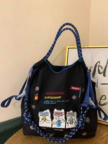 1pc New Casual Embroidered Lazy Cat Pattern Lightweight Nylon Large Capacity Shopping Tote Bag, Suitable For Commuting, Party, Shoulder & Crossbody - Multicolor - View 6