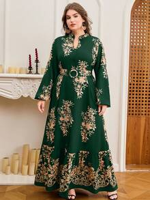 DEARCASE Plus Size Elegant Vintage Floral Print Dress Spring - Dark Green - View 3