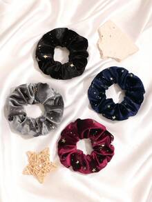 4pcs/Set Velvet Gold Star Hair Scrunchies & Hair Accessories ,Hair Ties ,Scrunchy Hair Ties Ponytail Head Accessories - Multicolor - View 3