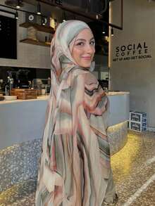 1 pieza Hijab de mujer con estampado de rayas coloridas y estilo bohemio, bufanda/chal suave y a prueba de viento para primavera/verano y estilo callejero, accesorio versátil - Verde-rosa - Ver 3