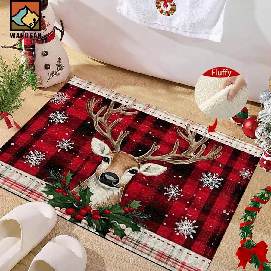 1 pieza Alfombra antideslizante para baño con estampado de renos navideños, hecha de cachemir artificial con decoración esponjosa, adecuada para baños, entradas, cocinas y otras ocasiones. Se puede lavar a máquina, es una decoración festiva y se puede regalar. - Multicolor - Ver 1