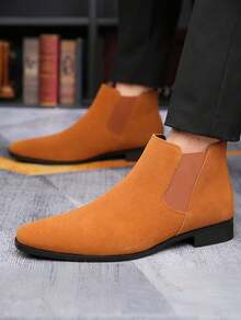 Men's Suede Pointed Toe Chelsea Boots, Elastic Side Panels Low Heel Business Casual Formal Ankle Boots For Men Office Wedding Daily Commute Wear - 棕色 - 查看 3