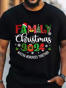 2024 Camisetas de Navidad para Hombres y Mujeres - Camisetas de Cuello Redondo para Parejas con Estampado Gráfico Festivo, Tejido de Punto Ligeramente Elástico, Camisetas de Manga Corta de Ajuste Regular para Ropa Casual de Fin de Semana de Verano y Reuniones Familiares, Camisetas de Navidad para la Familia, Ropa con Tema Festivo, Ajuste Cómodo, Moda de Temporada, Patrón Geométrico, Textura Suave, Ropa Unisex, Regalo de Temporada, Talla Grande - Negro - Ver 9