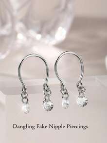 2PCS Non-Piercing Clip On Nipple Rings, Adjustable Dangling CZ Breast Jewelry For Women Stainless Steel Faux Piercing Jewelry
