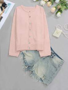 New Women's Casual Everyday Commute Solid Pink Long Sleeve Round Neck Cardigan With Shell Buttons, Knit Sweater