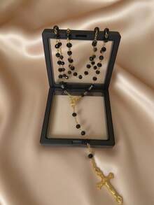 1pc Vintage Bohemian Alloy Crystal Colorful Beaded Cross Pendant Necklace, Sweater Chain