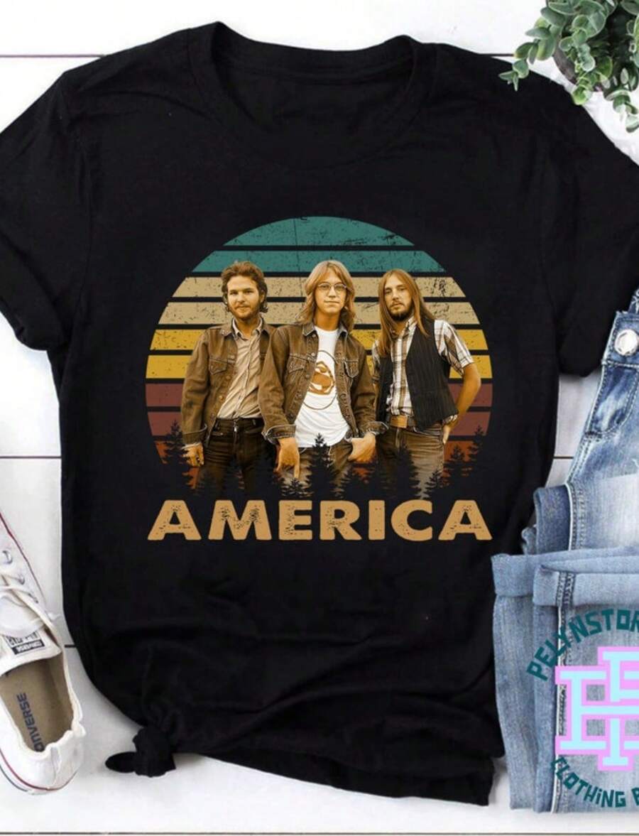 America Band T-Shirt, Rock Band Shirt, Retro America Band Vintage Shirt, America Band Unisex T-Shirt - 黑色 - 查看 1
