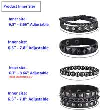 Xiacheng Bộ 4 vòng tay da đinh tán phong cách Punk unisex, vòng tay kim loại có thể điều chỉnh, bộ vòng tay rock. - Đen-02 - Xem 6