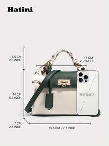 HATINI 小众设计，优雅淑女风格手提包，别致梯形迷你方形包，精致翻盖锁斜挎包，仿皮与织物拼接单肩包，可拆卸肩带，适合女性办公室、通勤、约会、购物、休闲、度假、海滩、音乐节、派对、婚礼、学校 - 墨綠色 - 查看 2