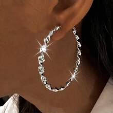 1 par de anillo y aretes de plata esterlina 925 exagerados, aretes grandes de aro con textura retorcida de moda para mujer, adecuados para uso diario y fiestas - Plateado - Ver 7