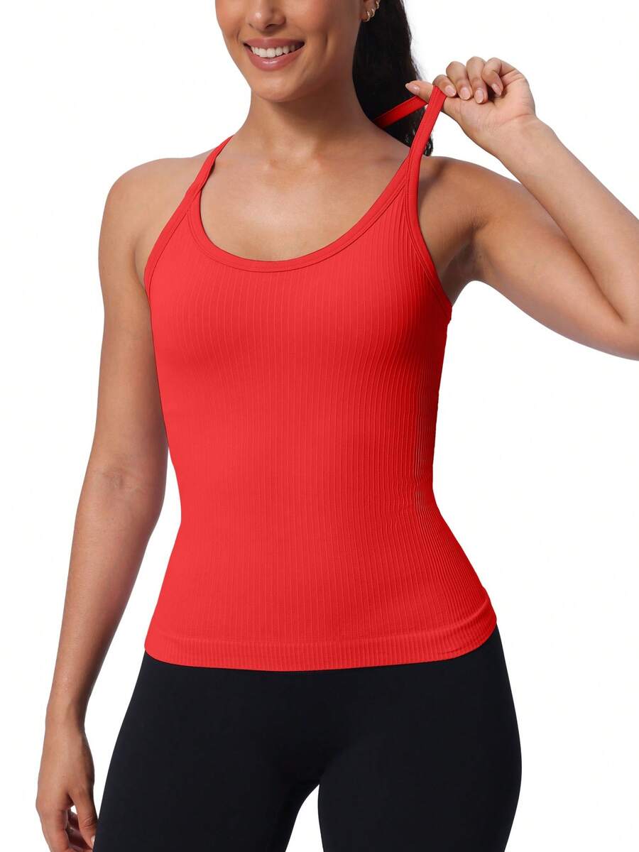 Workout Tank Tops For Women Built In Shelf Bras Padded -Racerback Athletic Tank Tops Ribbed Yoga Shirts - Red - View 1