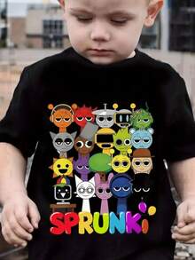 Boys' SPRUNKI Graphic T-Shirt With SPRUNKI Characters & Logo - Cute Loose-Fit Round Neck Summer Top For, Casual & Birthday Party Outfit, TV Show-Inspired Streetwear (Hand Washable) - Ideal For Boys' Birthday Party & Casual Attire - Colorful Cartoon Lettering & Iconic Characters, Soft & Breathable Fabric, Relaxed Fit For Boys' Fashion, SPRUNKI Brand Design, T Shirt, Tshirt - 黑色 - 查看 1