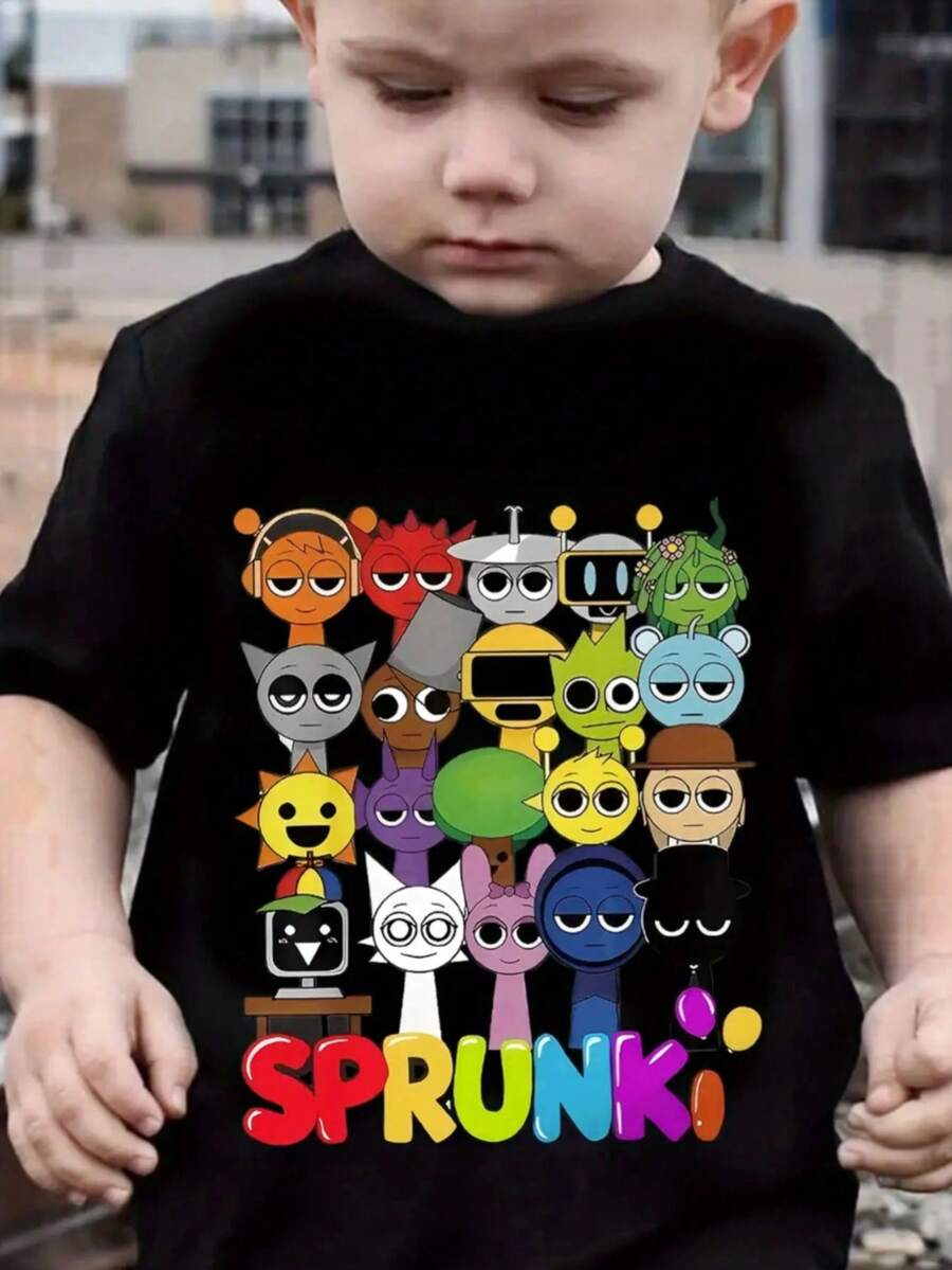 Boys' SPRUNKI Graphic T-Shirt With SPRUNKI Characters & Logo - Cute Loose-Fit Round Neck Summer Top For, Casual & Birthday Party Outfit, TV Show-Inspired Streetwear (Hand Washable) - Ideal For Boys' Birthday Party & Casual Attire - Colorful Cartoon Lettering & Iconic Characters, Soft & Breathable Fabric, Relaxed Fit For Boys' Fashion, SPRUNKI Brand Design, T Shirt, Tshirt - 黑色 - 查看 1