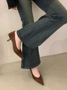 2025春秋新款法式尖头高跟鞋，优雅麂皮低帮女式工作鞋，优雅猫跟 - 棕色 - 查看 5