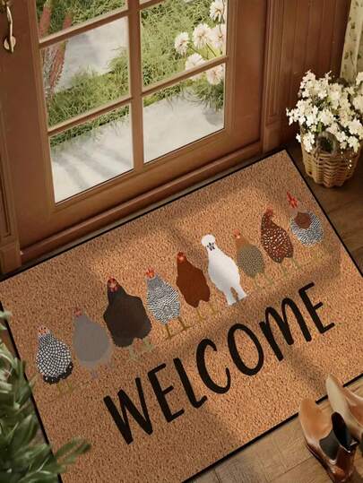 1pc New Farmhouse Style Chicken Welcome Mat - Soft Flannel, 900GSM, Machine Washable, Durable, Stain Resistant, Quick Drying, Suitable For Indoor And Outdoor Doormat