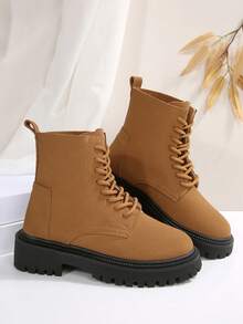 Botas de combate de moda para mujer, con punta redonda, cordones y cremallera lateral, zapatos multiusos para exteriores con suela antideslizante - Marrón - Ver 4