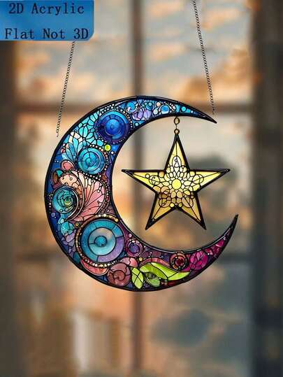 2D Flat Acrylic Charming Moon And Star Light Catcher - Ramadan Decoration For Gardens, Outdoor Hanging Ornament, Whimsical Decoration For Homes, Offices And Farmhouses, Suitable For Garden Patios, An Ideal Gift