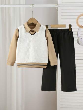 男童春秋季新款V领背心、衬衫和裤子三件套韩版休闲装