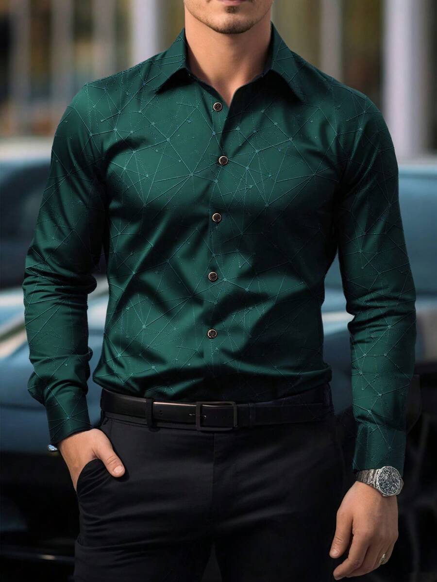 Men's Casual Dress Shirt For Multiple Occasions, Party, Gathering, Elegant Business Shirt - Essential Gift For Men, Dark Geometric Pattern, Gold Buttons