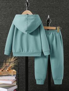 2pcs Young Boy Casual 3D Dinosaur Pattern Hooded Sweatshirt And Pants Set, Spring/Autumn - Baby Blue - View 2