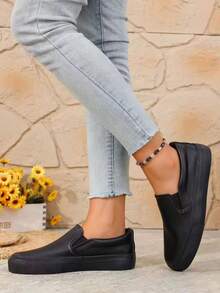 女士一脚蹬皮革乐福鞋、步行鞋、时尚休闲鞋 - 純黑 - 查看 6