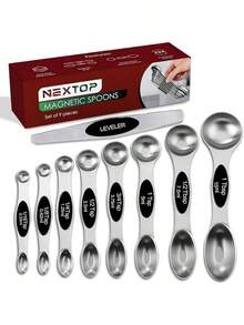 Magnetic Measuring Spoons Set Of 9 Stainless Steel Dual-Sided Stackable Measuring Spoon Nesting Teaspoons Measuring Dry And Liquid Ingredients, Fits In Spice Jars Set Of 9 (Black)
