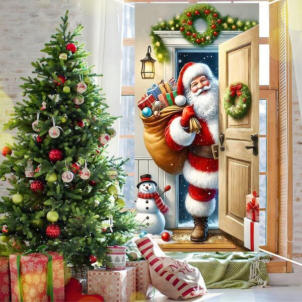 1 قطعة - غطاء باب عيد الميلاد العتيق - لافتة خلفية سانتا كلوز الرجعية 71 * 35 بوصة لديكور جدران عطلة الشتاء، ديكور باب المدخل، لوازم حفلة عيد الميلاد، ديكورات بهو المنزل الاحتفالية