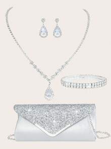 4 件套水钻首饰套装金色闪亮项链耳环手链套装女士晚礼服手拿包新娘婚礼贝壳优雅信封包女士球与可拆卸金属链婚礼和派对女士单肩包女士包女士手提包多功能闪光手提包鸡尾酒会婚礼新款钱包宴会包 - 銀色 - 查看 2