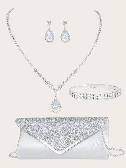 4-Piece Rhinestone Jewelry Set Golden Shiny Necklace Earrings Bracelet Set Women's Evening Dress Clutch Bag Bridal Wedding Shell Elegant Envelope Bag Women's Ball With Detachable Metal Chain Wedding And Party Women's Shoulder Bag Women's Bag Women's Handbag Multi-Functional Glitter Handbag Cocktail Party Wedding New Wallet Banquet Bag