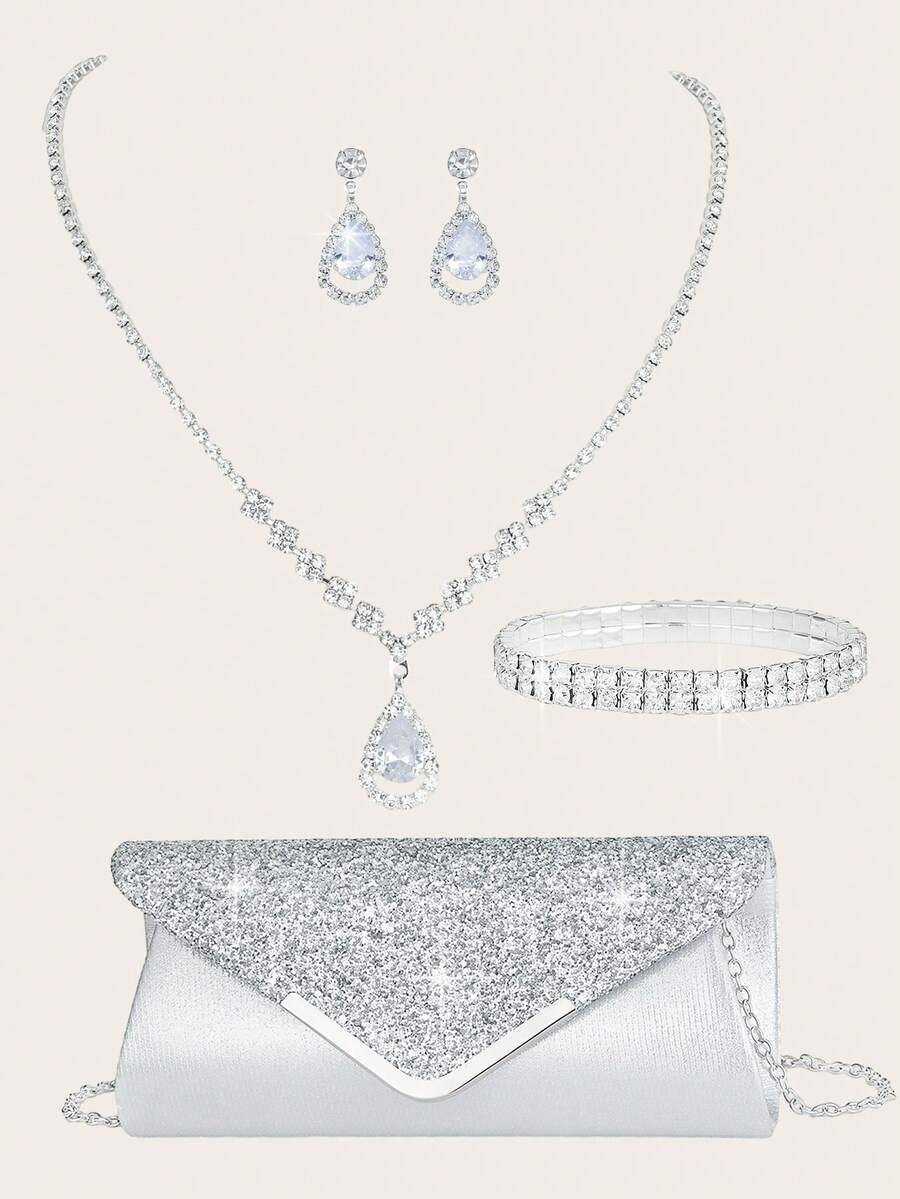 4 件套水钻首饰套装金色闪亮项链耳环手链套装女士晚礼服手拿包新娘婚礼贝壳优雅信封包女士球与可拆卸金属链婚礼和派对女士单肩包女士包女士手提包多功能闪光手提包鸡尾酒会婚礼新款钱包宴会包