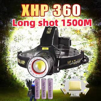 Most Powerful XHP360 LED Headlights High Power Telescopic Zoom Ultra-Long-Range Headlights Bright Portable Flashlights With Sensors High Lumen USB Charging Fishing And Hunting Lamps Aluminum Alloy 3*18650 Large Capacity Battery Fishing Camping Lanterns