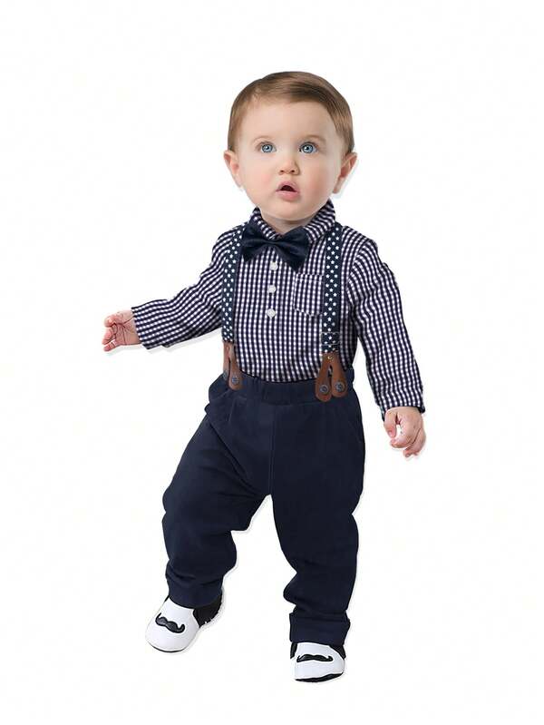 4pcs Toddler Boys Gentleman Outfit Set - Plaid Shirt, Pants, Suspenders, Bow Tie, Suitable For Halloween, Christmas, Wedding, Festival