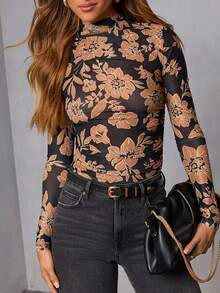 1 szt. Elegancka, dopasowana bluzka z długim rękawem i kwiatowym nadrukiem, odpowiednia na randki, święta, na co dzień, na wiosnę/jesień