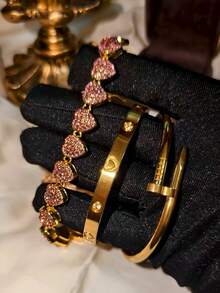 3 件 18K 镀金不锈钢心形钉子手链套装，含 18 厘米合金心形水晶玻璃串珠手链，时尚女士珠宝套装，适合日常佩戴和送礼 - 金色 - 查看 23