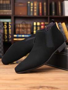 Men's Suede Pointed Toe Chelsea Boots, Elastic Side Panels Low Heel Business Casual Formal Ankle Boots For Men Office Wedding Daily Commute Wear - Black - View 3