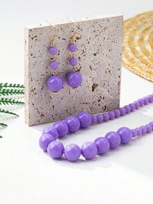 3pcs/Set Fashionable & Elegant Colorful Beaded Necklace & Earrings Set, Suitable For Women's Daily, Vacation, Party Outfits - Purple - View 3